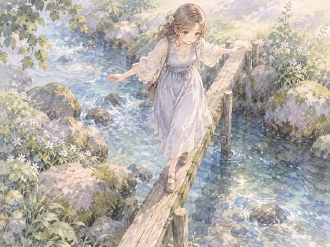 幅の狭い橋を足元を確かめながら渡る女性