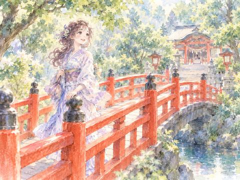 鮮やかな朱色の橋を嬉しそうに渡る女性