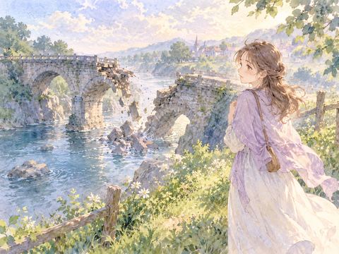 向こう岸で背後の崩れる橋を寂しげに見つめる女性