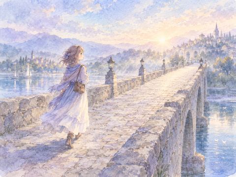誰もいない長い橋を一人で静かに歩く女性