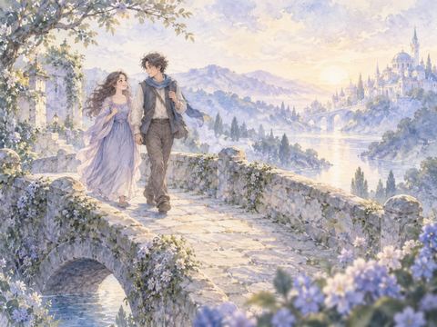 橋の上で隣の人と歩調を合わせて渡る女性