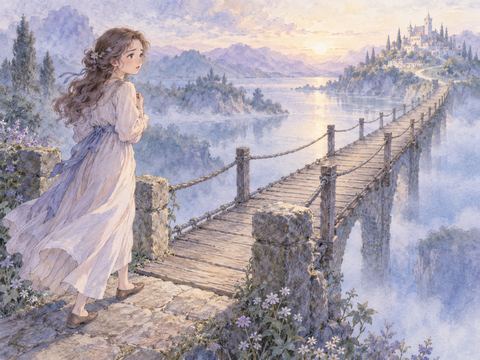 橋の入口で向こう岸を見つめて立ち止まる女性