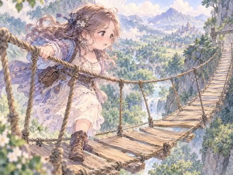 揺れる木製の吊り橋でロープを握って進む女性