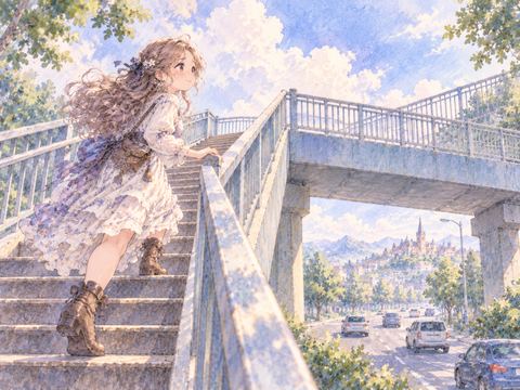 道路をまたぐ歩道橋の階段を上る女性