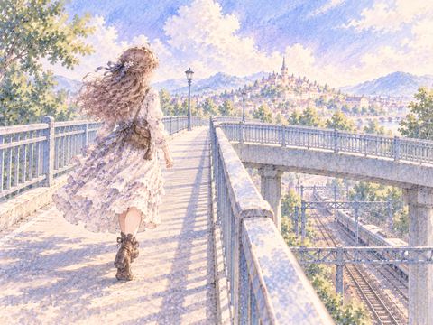線路をまたぐ長い陸橋を渡って遠くへ進む女性