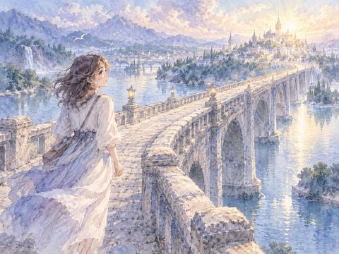 巨大な橋を渡りながら遠くの明るい街を見つめる女性