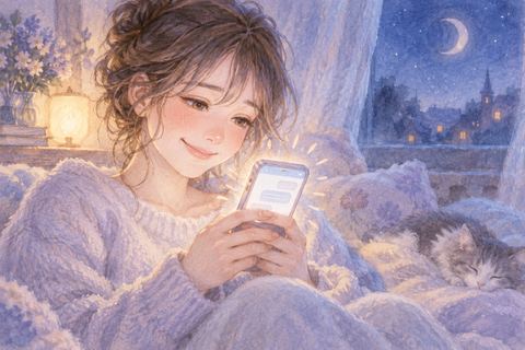 スマホの返信を見て微笑む大人の女性