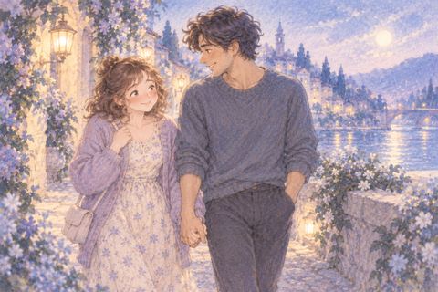 片思いの男性と手をつないで歩く大人の女性