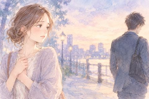 距離を置く男性を悲しそうに見る大人の女性