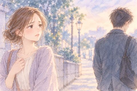 背を向ける男性を不安そうに見る大人の女性