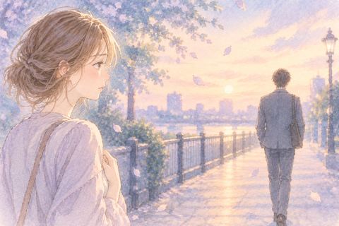 離れていく男性を見送り静かに立つ大人の女性