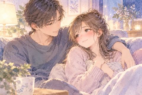 ソファで恋人と寄り添い穏やかに微笑む大人の女性