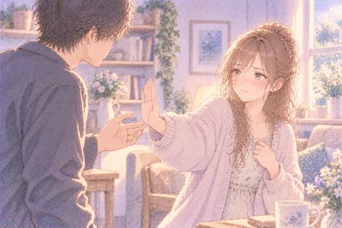 近づく男性に手のひらを向けて断る大人の女性