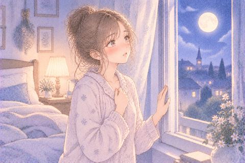 夢から目覚めて窓の月を見つめる大人の女性
