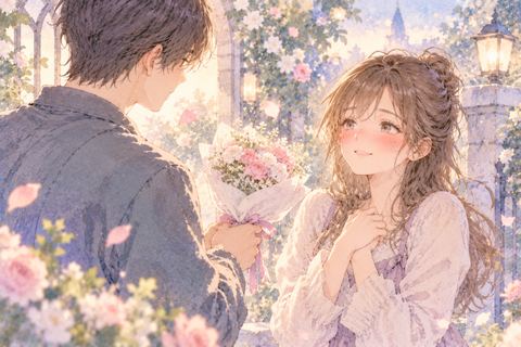 好きな男性から花を差し出され頬を染める大人の女性