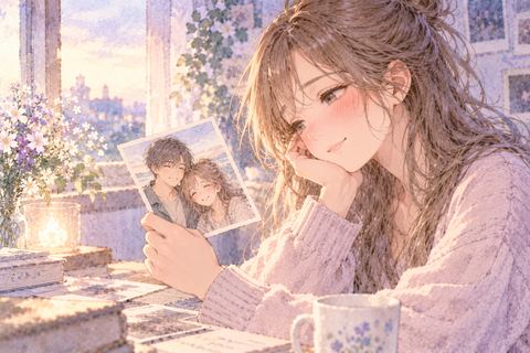 昔の二人の写真を眺め懐かしむ大人の女性