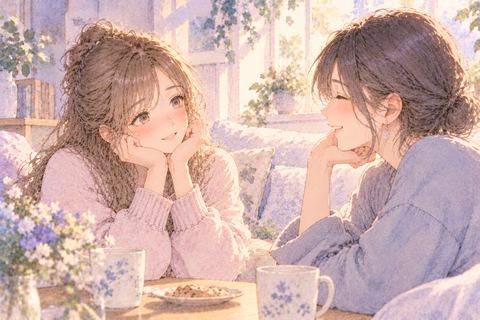 親しい成人女性二人が向かい合い穏やかに話す場面