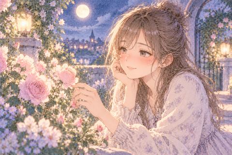 夜の庭で花を眺めて微笑む大人の女性