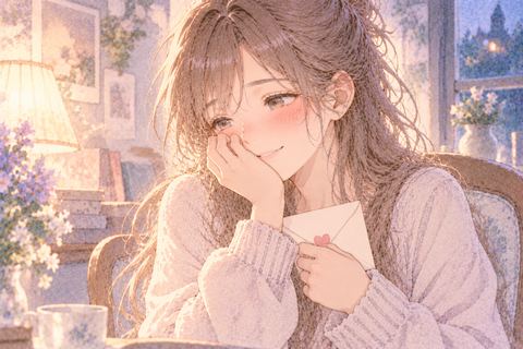手紙を胸元に寄せ頬を赤らめる大人の女性