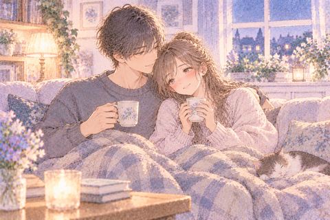 恋人とソファでくつろぎ安心した表情を浮かべる大人の女性