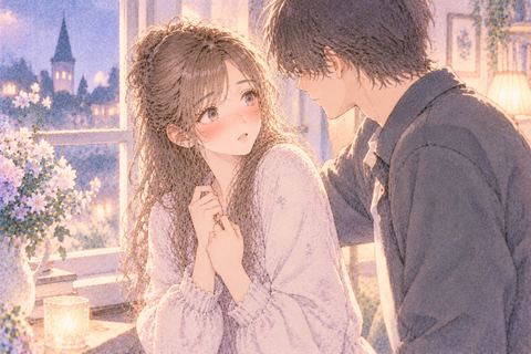 近づいてくる男性に戸惑い窓辺で考える大人の女性