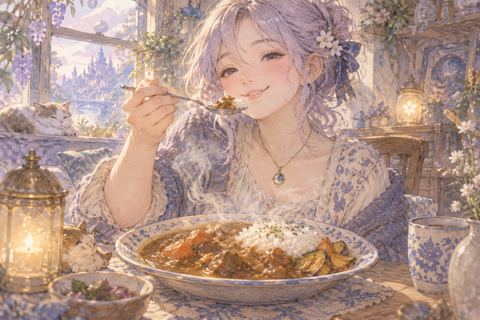 美味しいカレーを笑顔で食べる大人の女性