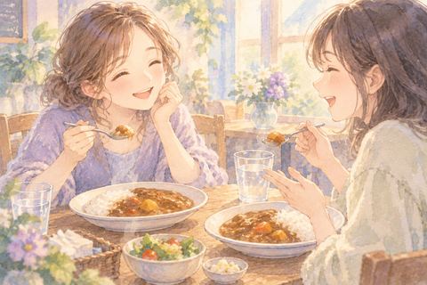 友達と笑顔でカレーを食べる大人の女性