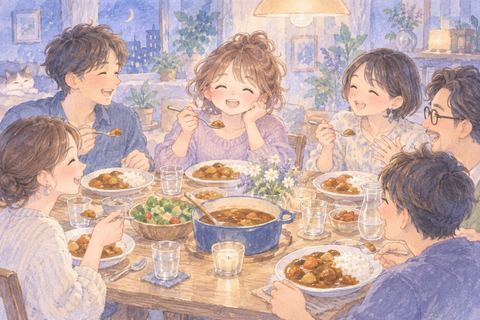 大勢でカレーを囲み楽しそうに食べる人々