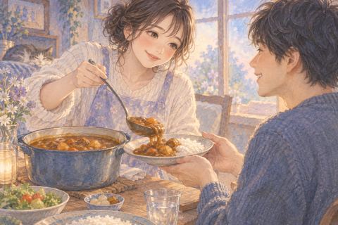 カレーを取り分けて相手と分け合う大人の女性