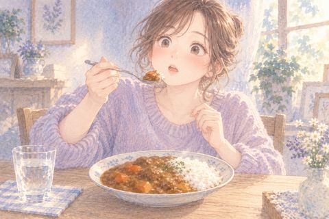 カレーを口へ運ぶ直前で驚く大人の女性