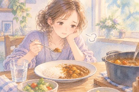 残ったカレーを前に困った表情の大人の女性