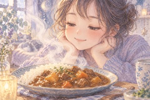 湯気と香りを感じながらカレーを見つめる女性