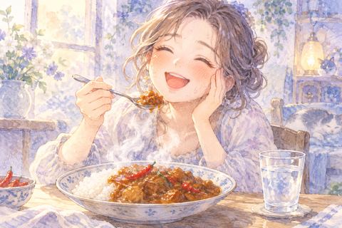 辛いカレーを楽しそうに食べる大人の女性
