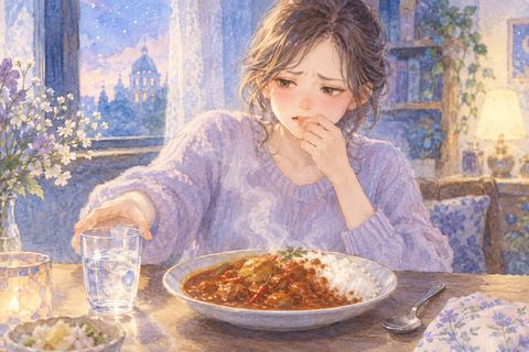 辛すぎるカレーに困った表情の大人の女性