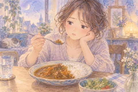 まずいカレーを食べて戸惑う大人の女性