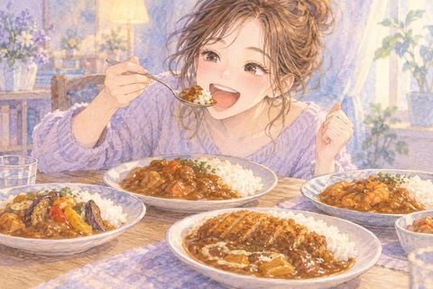 何皿ものカレーを勢いよく食べる大人の女性