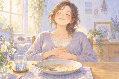カレーを食べ終えて満足そうな大人の女性