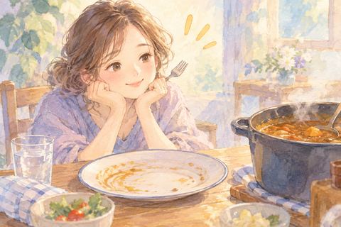 空の皿を見てもっとカレーを欲しそうにする女性