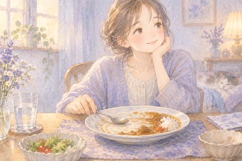 残ったカレーを前に静かに手を止める女性