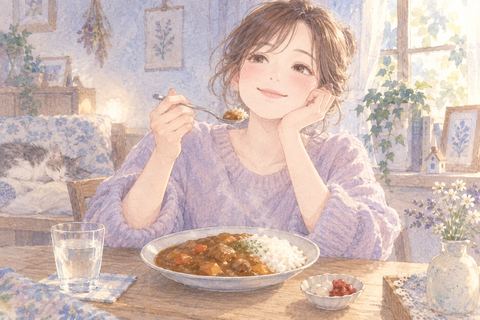 一人でカレーをゆっくり食べる大人の女性