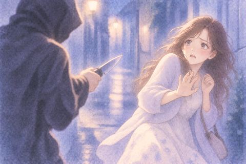 刃物を持つ知らない人から身を引く大人の女性