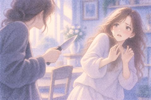 刃物を持つ知人を前に身を引く大人の女性