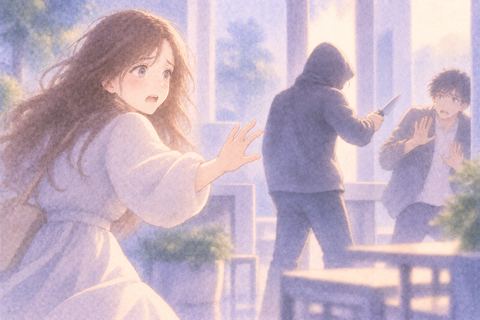 刃物を向けられた他人を心配そうに見る女性