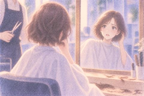 長い髪を短く切られて鏡を見る大人の女性