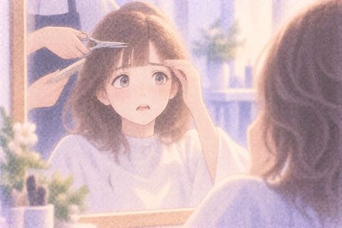前髪を切られ鏡を見つめる大人の女性