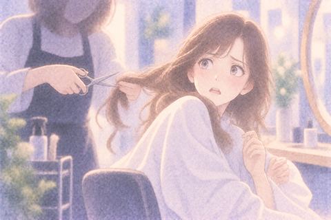 知らない人に髪を切られ戸惑う大人の女性