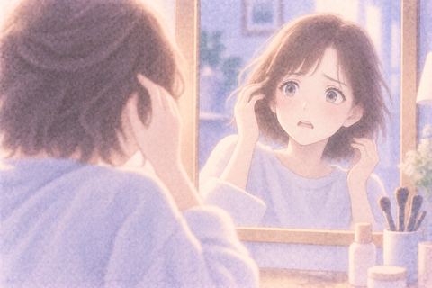 不揃いな髪型を鏡で見て戸惑う大人の女性