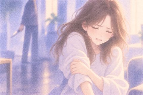 切られた腕を押さえ痛みに耐える大人の女性