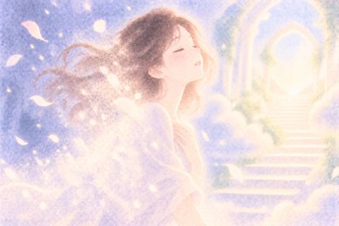 切られた女性の姿が静かな光へ溶ける夢の場面