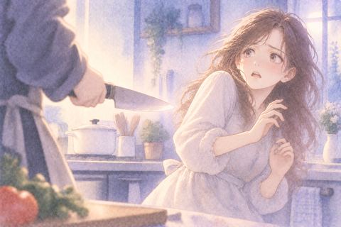 台所で包丁を向けられ戸惑う大人の女性